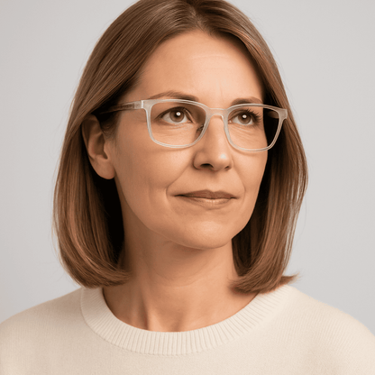 VisionSync white frame worn in an everyday setting