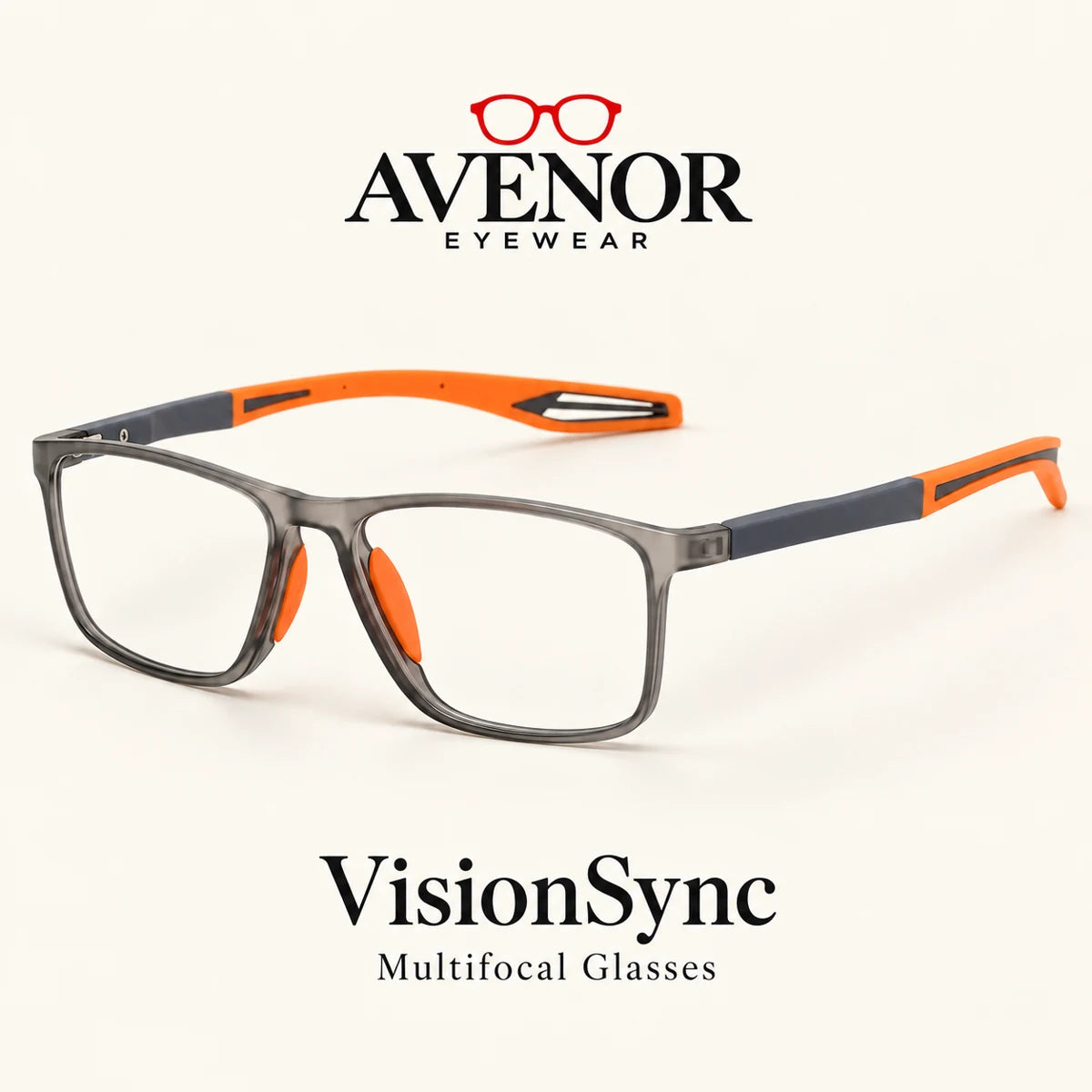AVENOR VisionSync gray and orange multifocal glasses